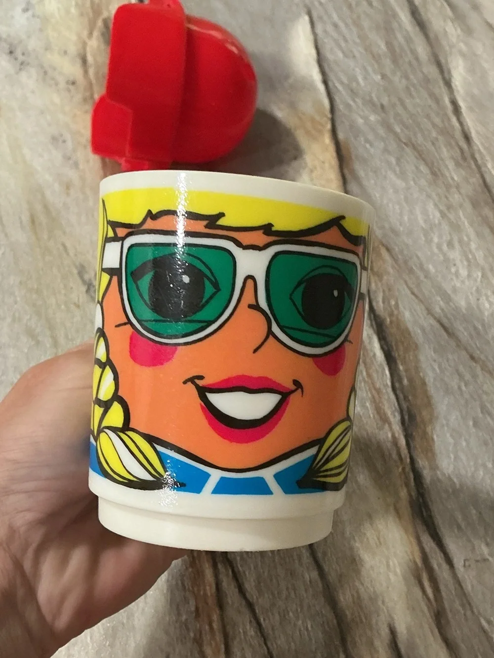 Vintage 1970s Deka Novelty Cup Mug Girl Sunglasses Red Baseball Hat Lid